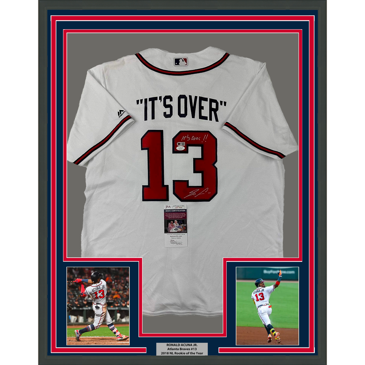 Framed Autographed/Signed Ronald Acuna Jr. 35x39 It's Over Majestic Atlanta Braves White Baseball Jersey JSA COA