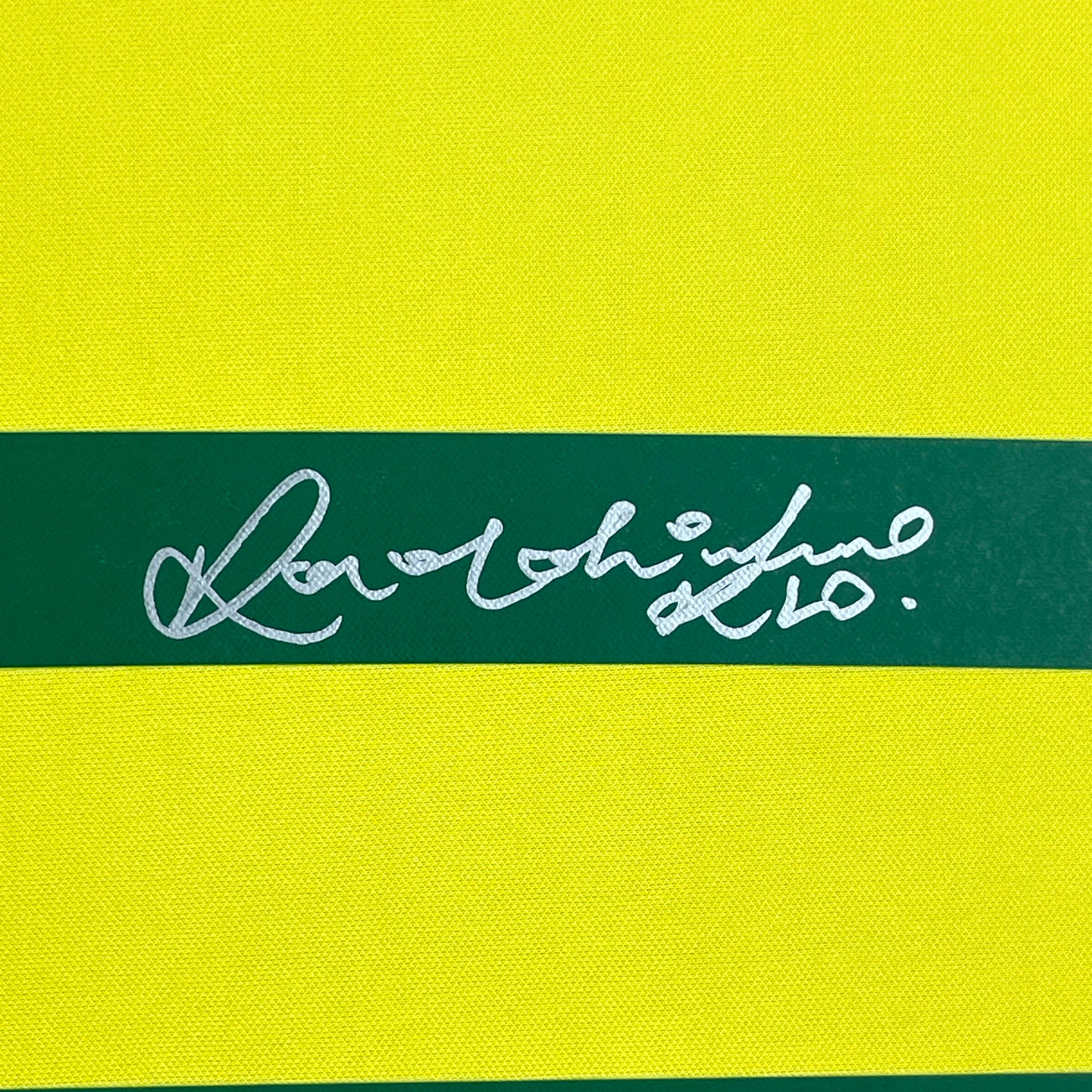 Framed Autographed/Signed Ronaldinho 35x39 Brazil Yellow Soccer Futbol Jersey Beckett BAS COA