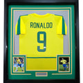 Framed Autographed/Signed Ronaldo Nazario 35x39 Brazil Yellow Soccer Jersey Beckett BAS COA