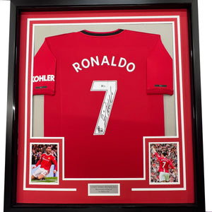Framed Autographed/Signed Cristiano Ronaldo 35x39 Manchester United Red Soccer Jersey Beckett BAS COA