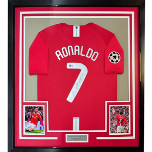 Framed Autographed/Signed Cristiano Ronaldo 35x39 Manchester United Red Soccer Jersey Beckett BAS COA