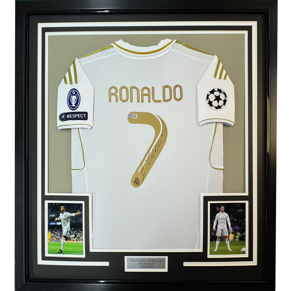 Framed Autographed/Signed Cristiano Ronaldo 35x39 Real Madrid White Soccer Jersey Beckett BAS COA