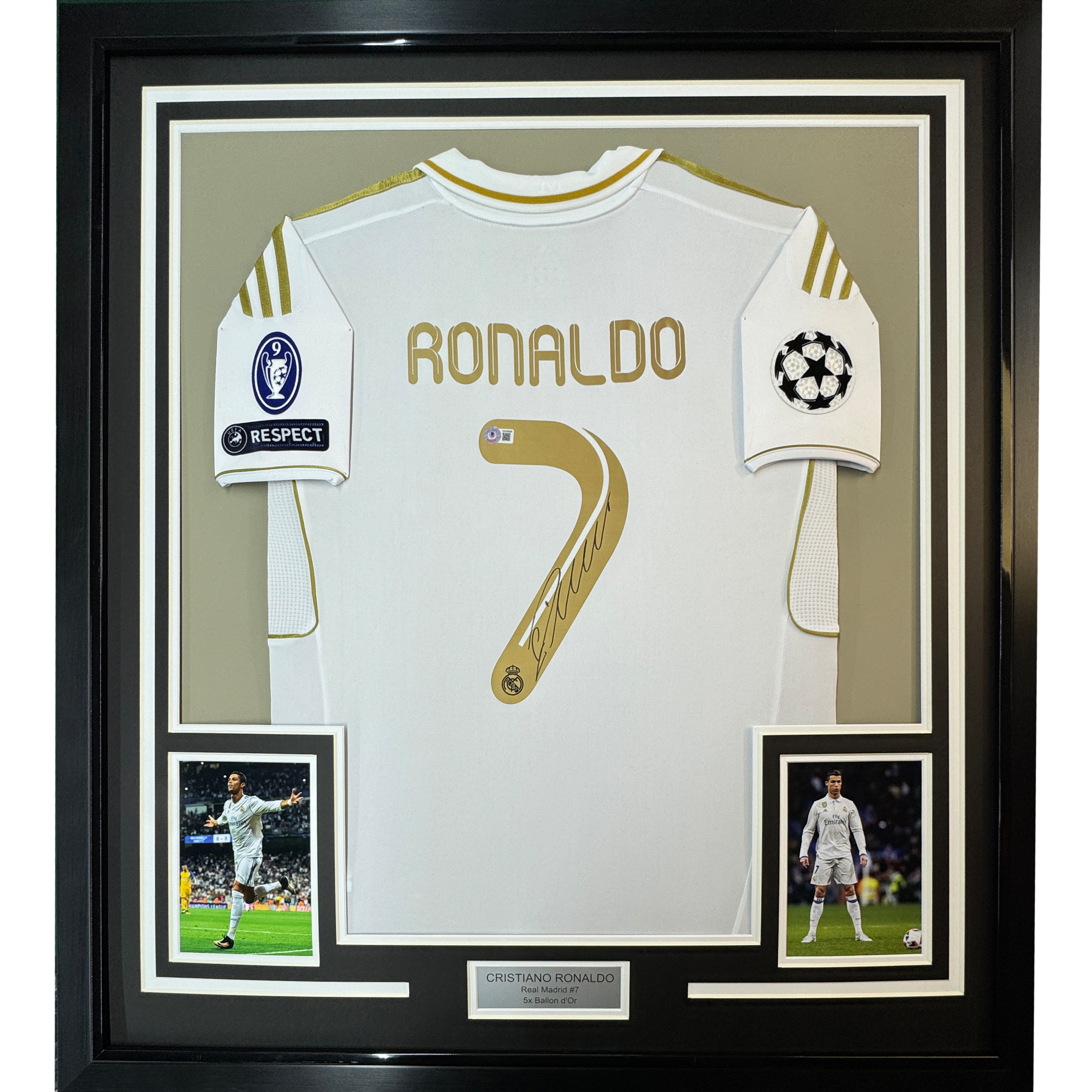Framed Autographed/Signed Cristiano Ronaldo 35x39 Real Madrid White Soccer Jersey Beckett BAS COA