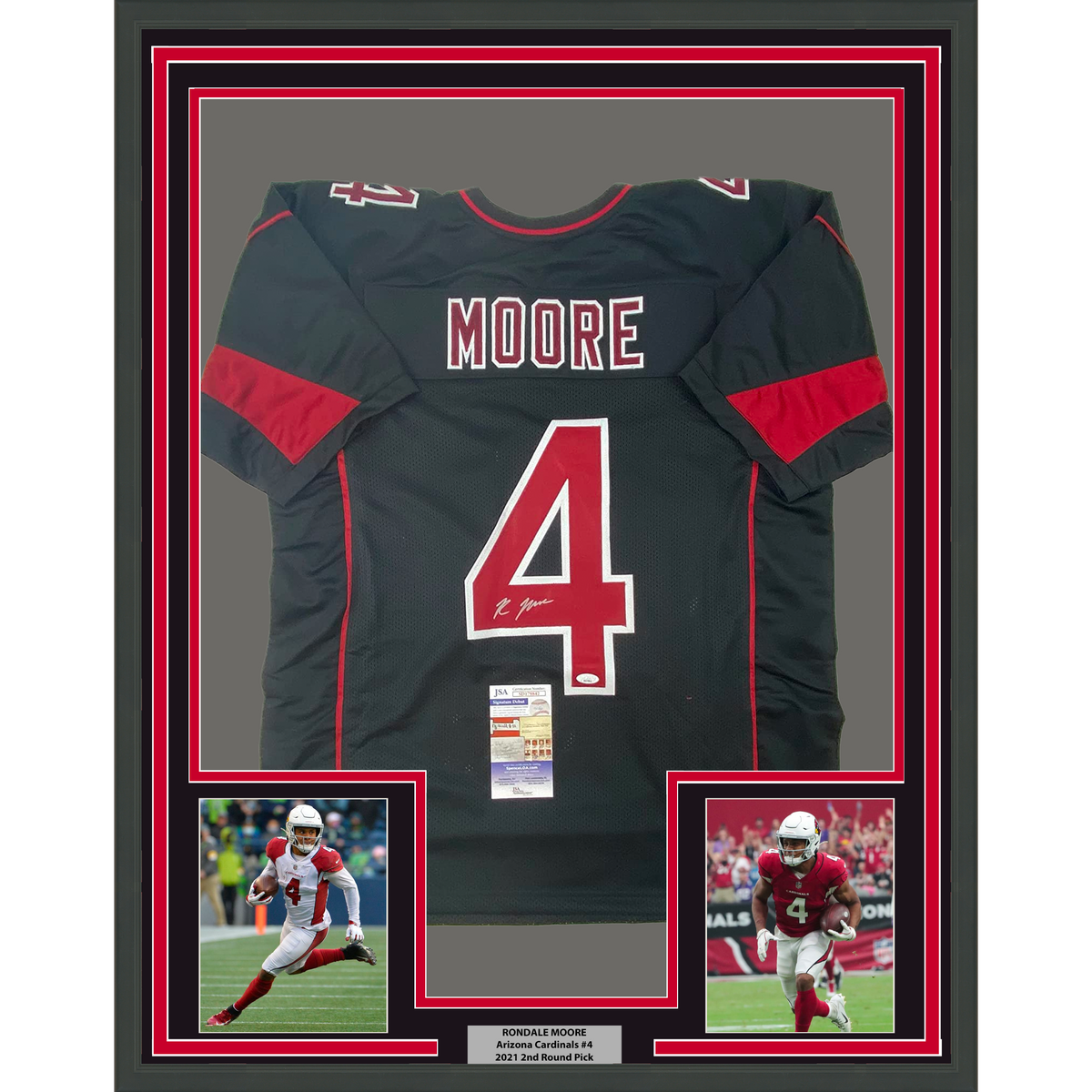 Framed Autographed/Signed Rondale Moore 35x39 Arizona Black Color Rush Football Jersey JSA COA