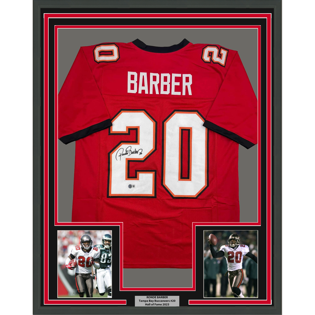 Framed Autographed/Signed Ronde Barber 35x39 Tampa Bay Red Football Jersey Beckett BAS COA