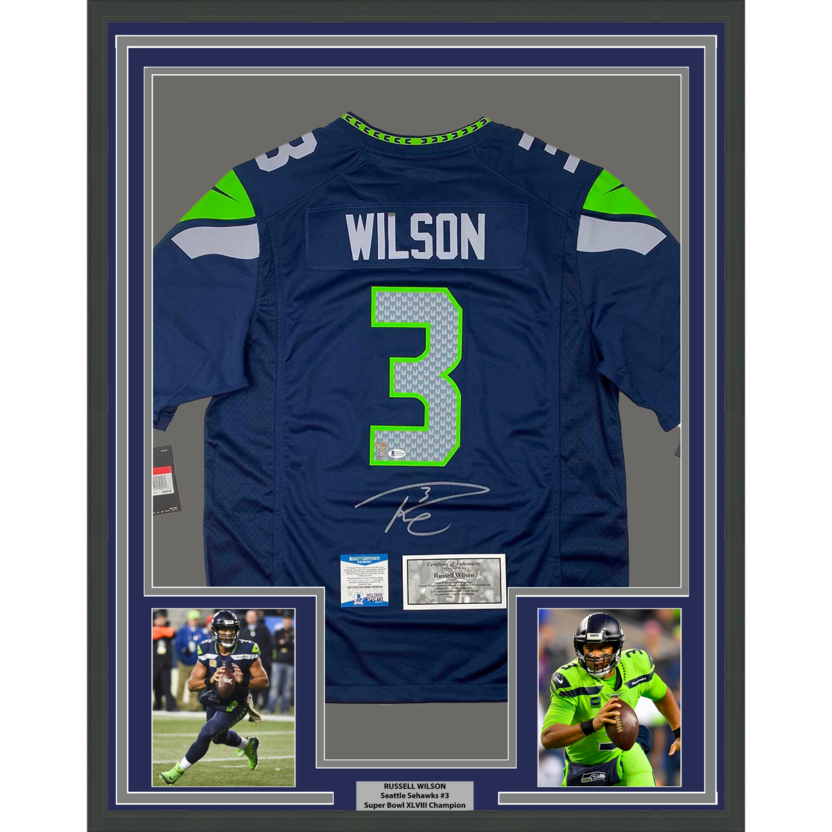 Framed Autographed/Signed Russell Wilson 35x39 Seattle Seahawks Blue Authentic Football Jersey Beckett BAS COA