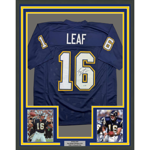 Framed Autographed/Signed Ryan Leaf 35x39 San Diego Dark Blue Football Jersey Beckett BAS COA
