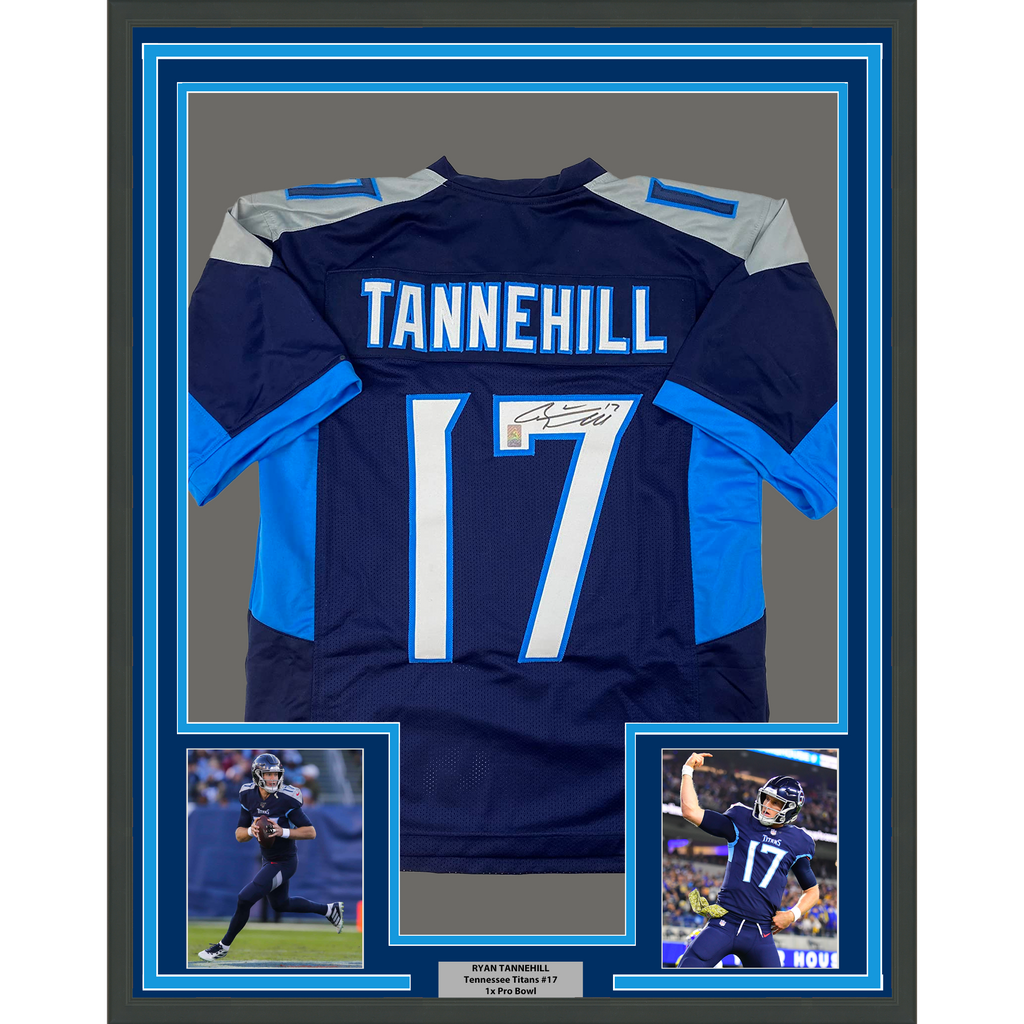 Framed Autographed/Signed Ryan Tannehill 35x39 Tennessee Dark Blue Football Jersey GTSM COA