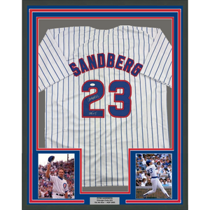 Framed Autographed/Signed Ryne Sandberg 35x39 HOF 05 Chicago White Pinstripe Baseball Jersey JSA COA