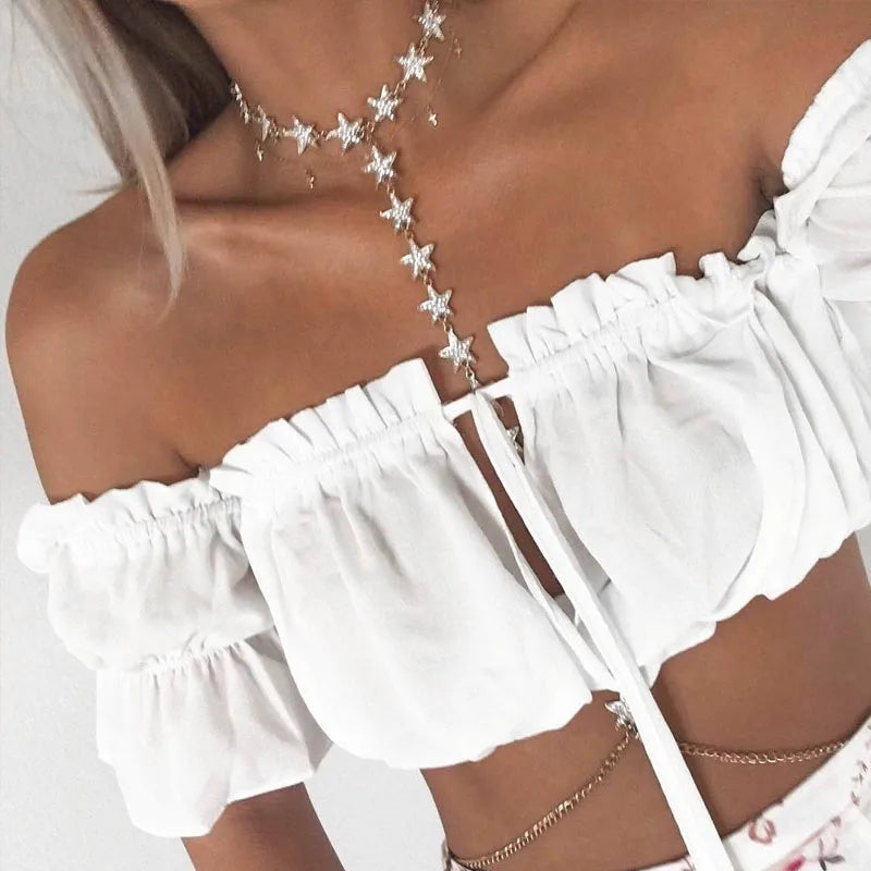 Women's Ruched Crop Top, Strapless Lantern Sleeve Summer Beach Top