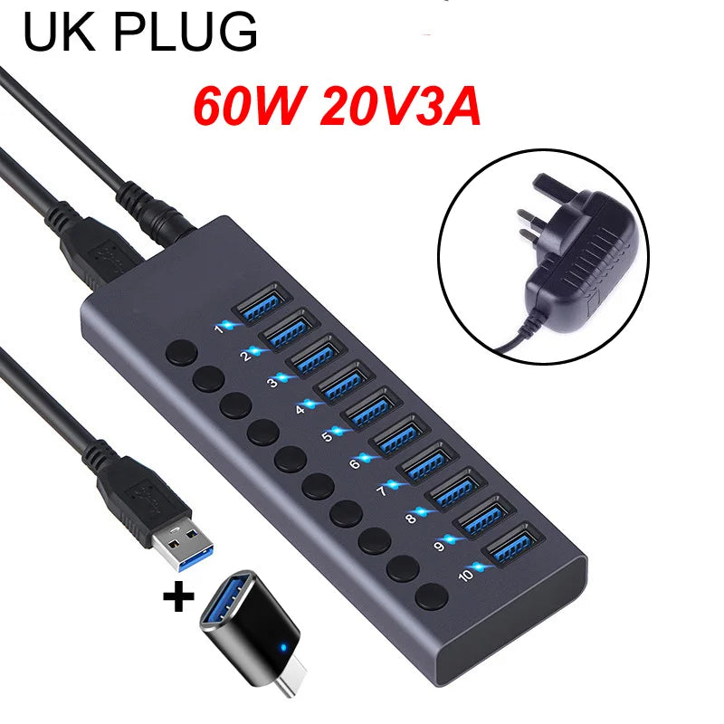 10-Port USB 3.0 Hub, 5Gbps Data Transfer Docking Station with 60W Power