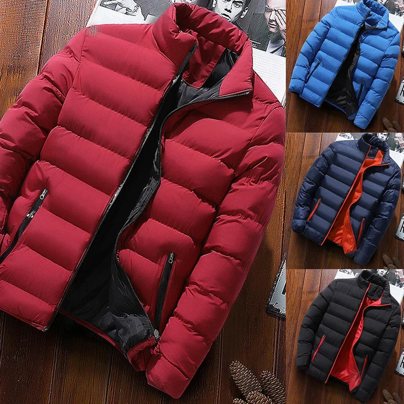 Men's Winter Jacket with Stand Collar – Thick Warm Windbreaker Coat, Casual Zip-Up Outerwear