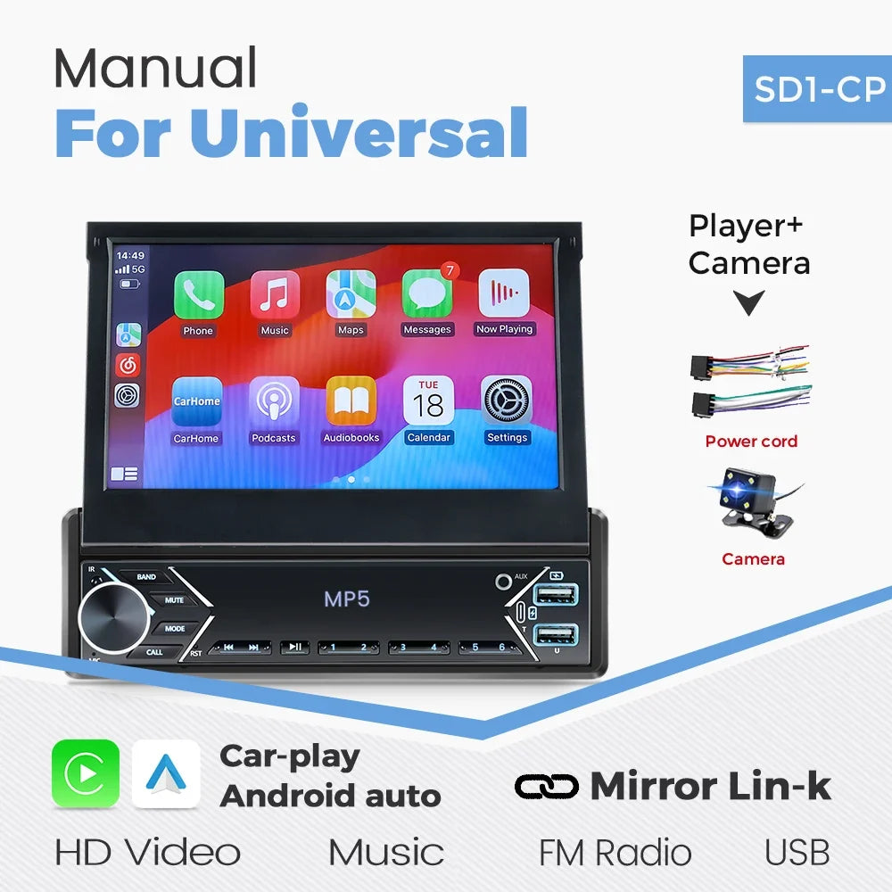 1-DIN 7" Retractable Car Stereo – Touch Screen MP5 Player with CarPlay