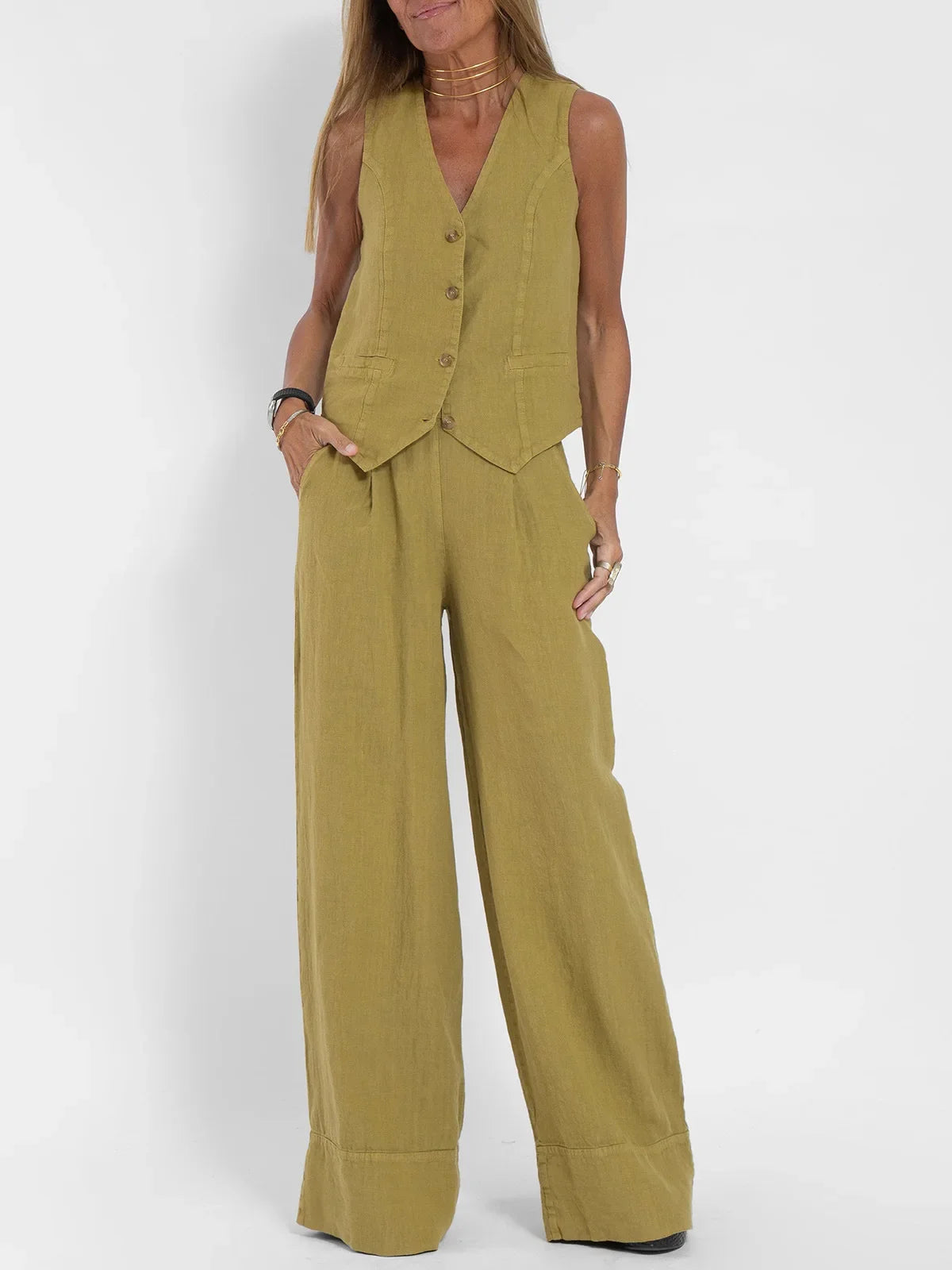 Women's Sleeveless Vest and Pants Set, Colorblock Two-Piece Suit