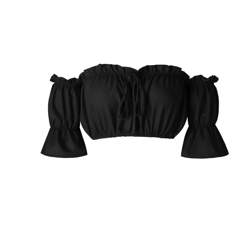 Women's Ruched Crop Top, Strapless Lantern Sleeve Summer Beach Top