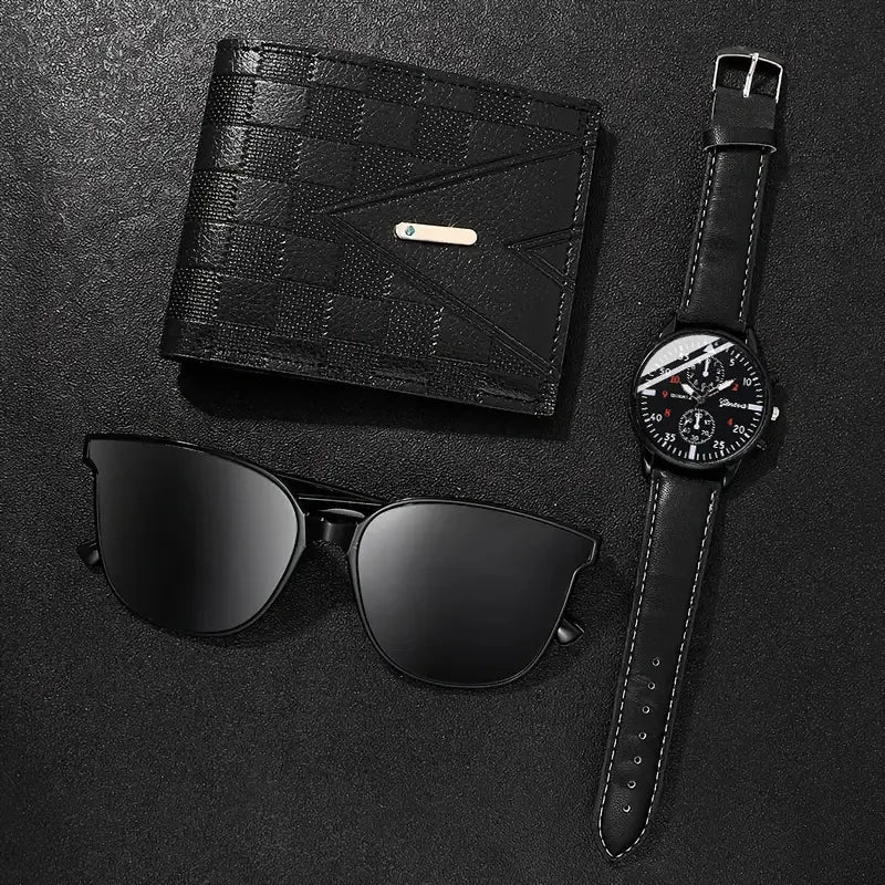 Men's Quartz Watch Gift Set – Casual Watch with Sunglasses & Wallet