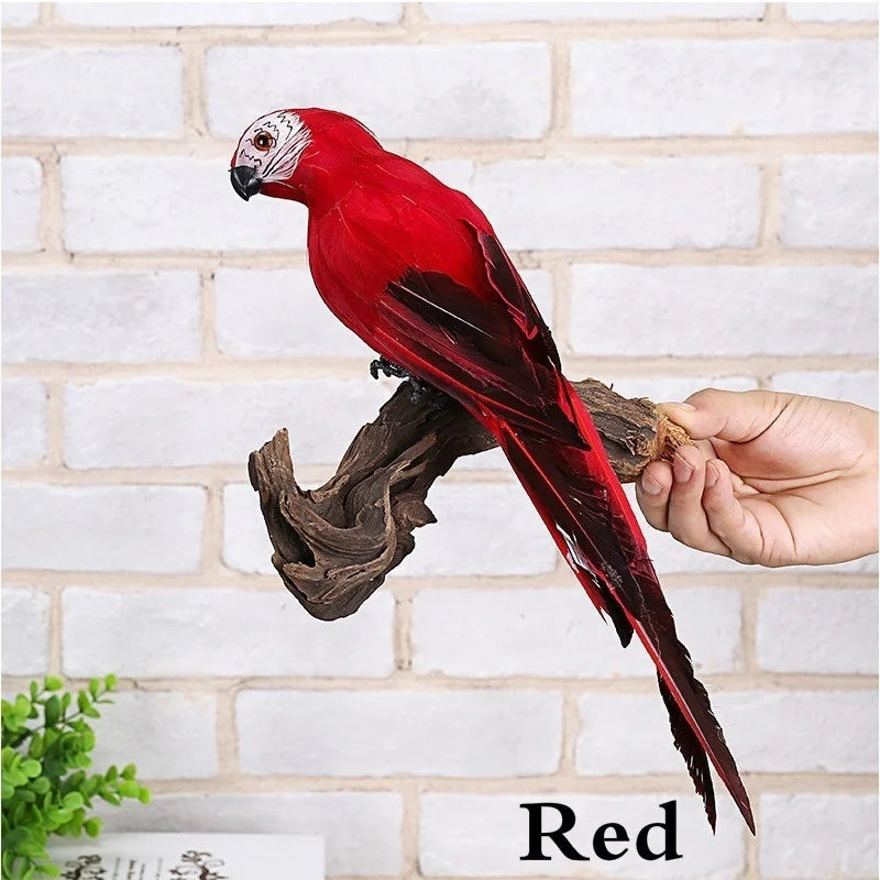 Handmade Feather Parrot Statue – Lifelike Bird Ornament for Garden and Home Decor