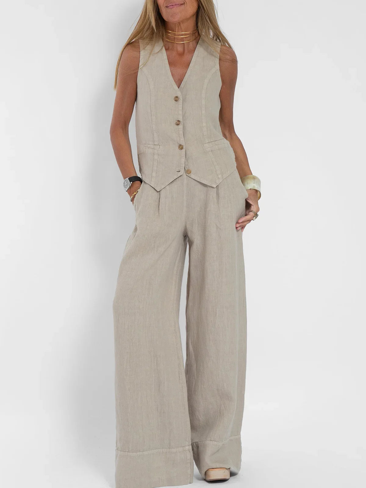 Women's Sleeveless Vest and Pants Set, Colorblock Two-Piece Suit