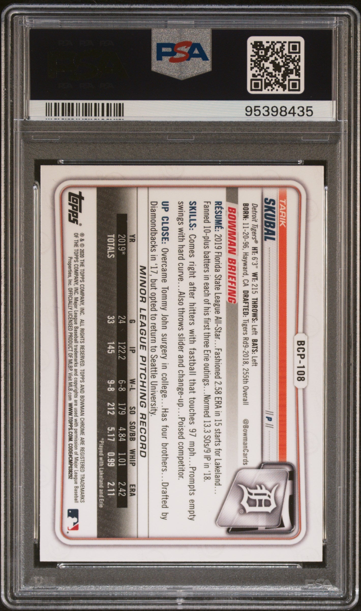 Graded 2020 Topps Bowman Chrome Tarik Skubal #BCP108 Prospects Rookie RC Baseball Card PSA 10 Gem Mint