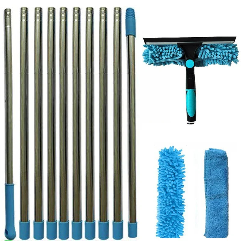 Extendable Window Cleaning Kit, 2-in-1 Double-Sided Glass Squeegee with Microfiber