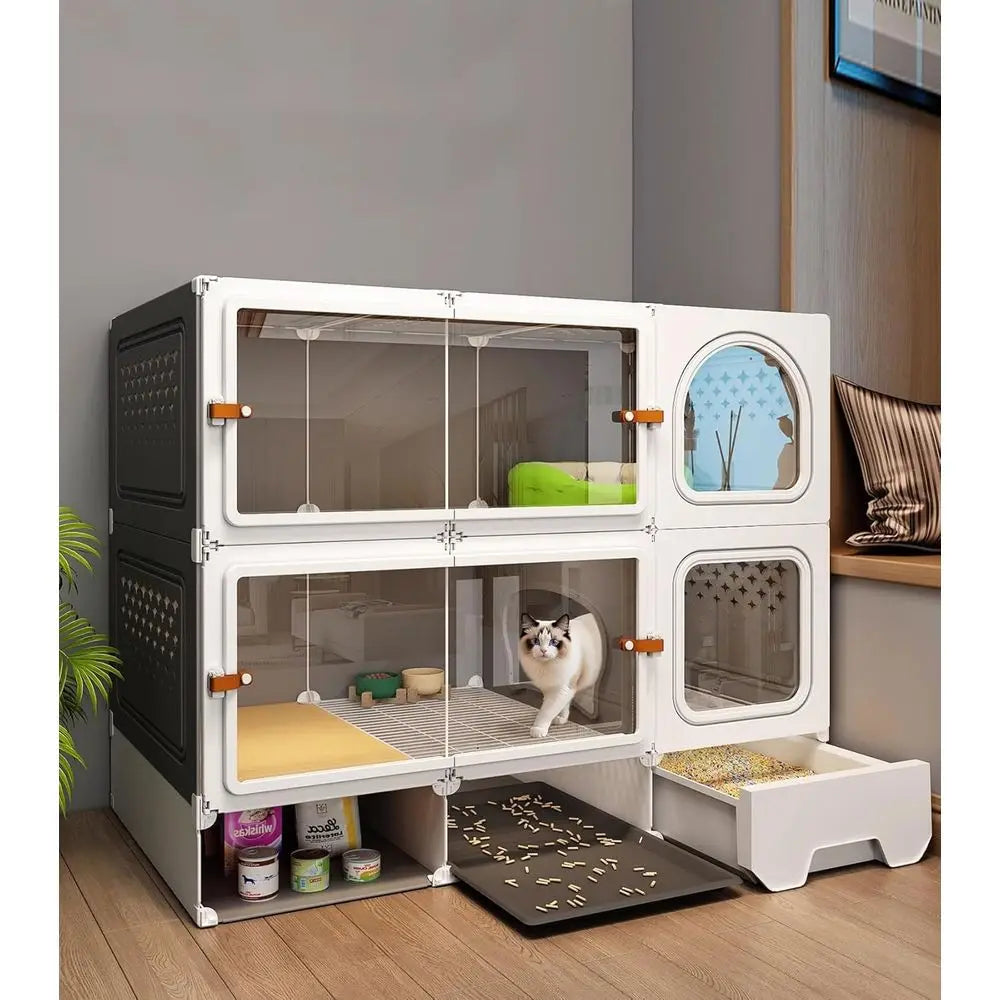 Expandable Metal Cat Enclosure With Litter Box And Clear Door
