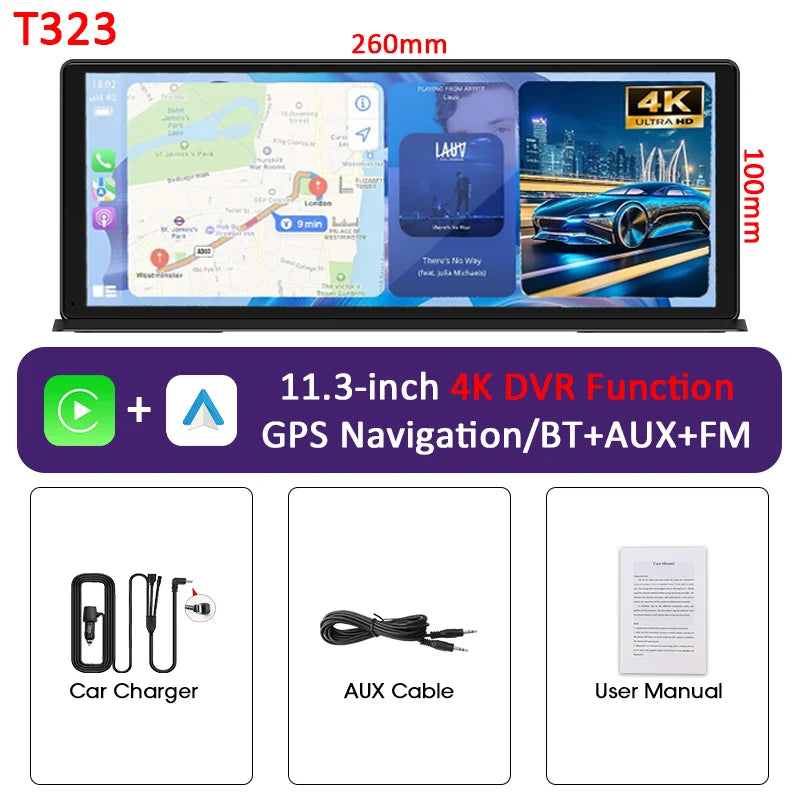 11.3 Inch Portable CarPlay Screen – HD Wireless Touch Display for Apple CarPlay and Android Auto