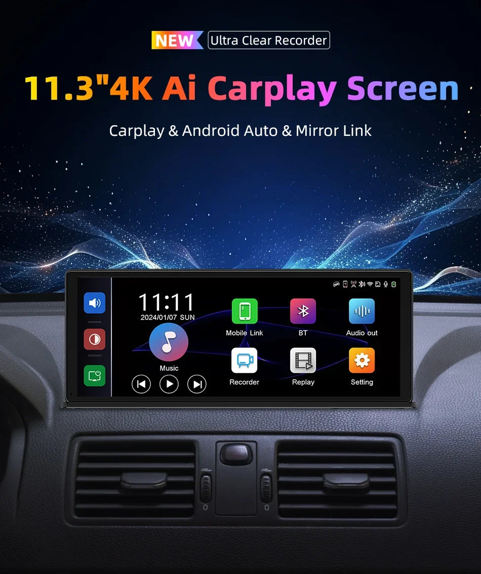 11.3 Inch Portable CarPlay Screen – HD Wireless Touch Display for Apple CarPlay and Android Auto
