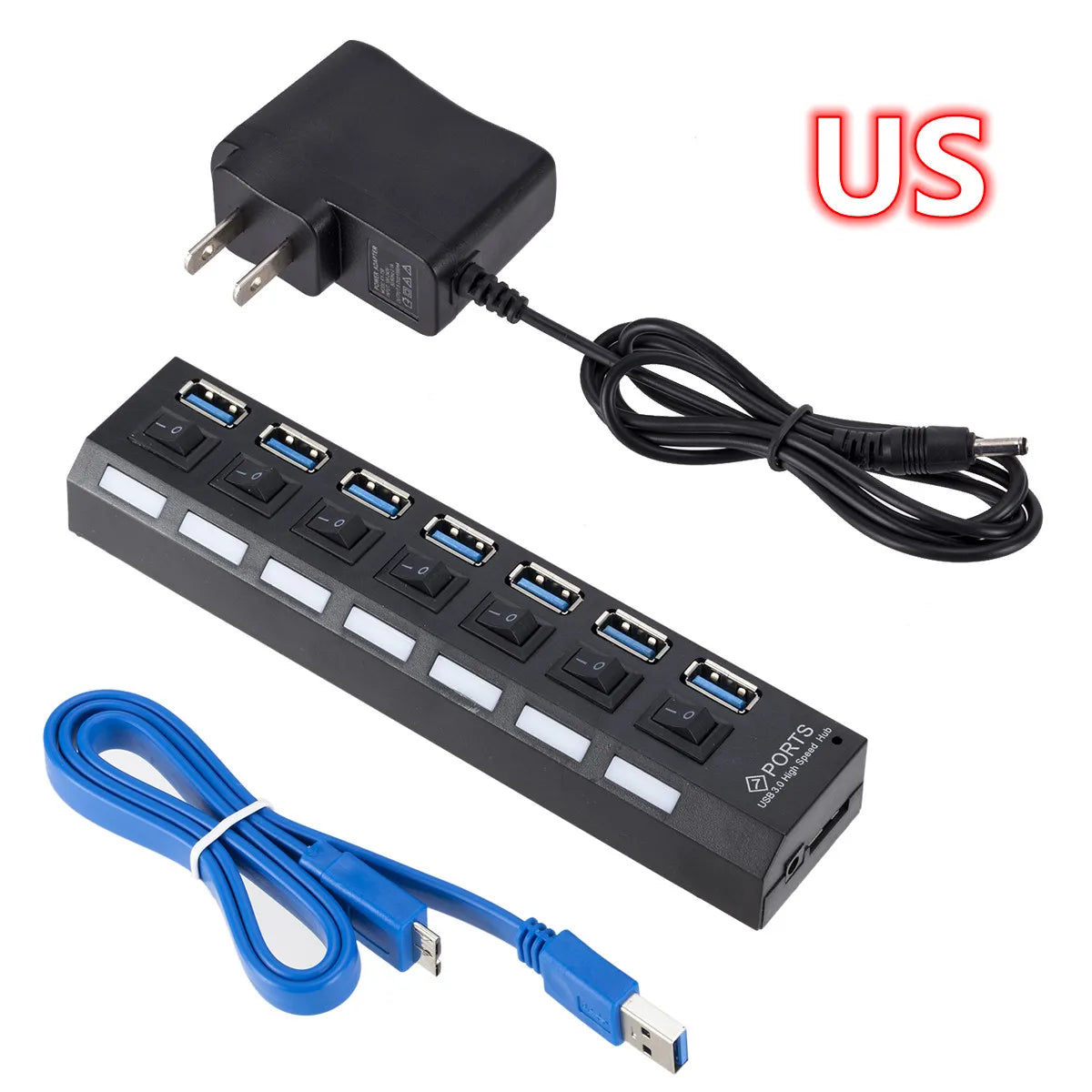 7-Port USB 3.0 Hub – Multi USB Splitter with Power Adapter