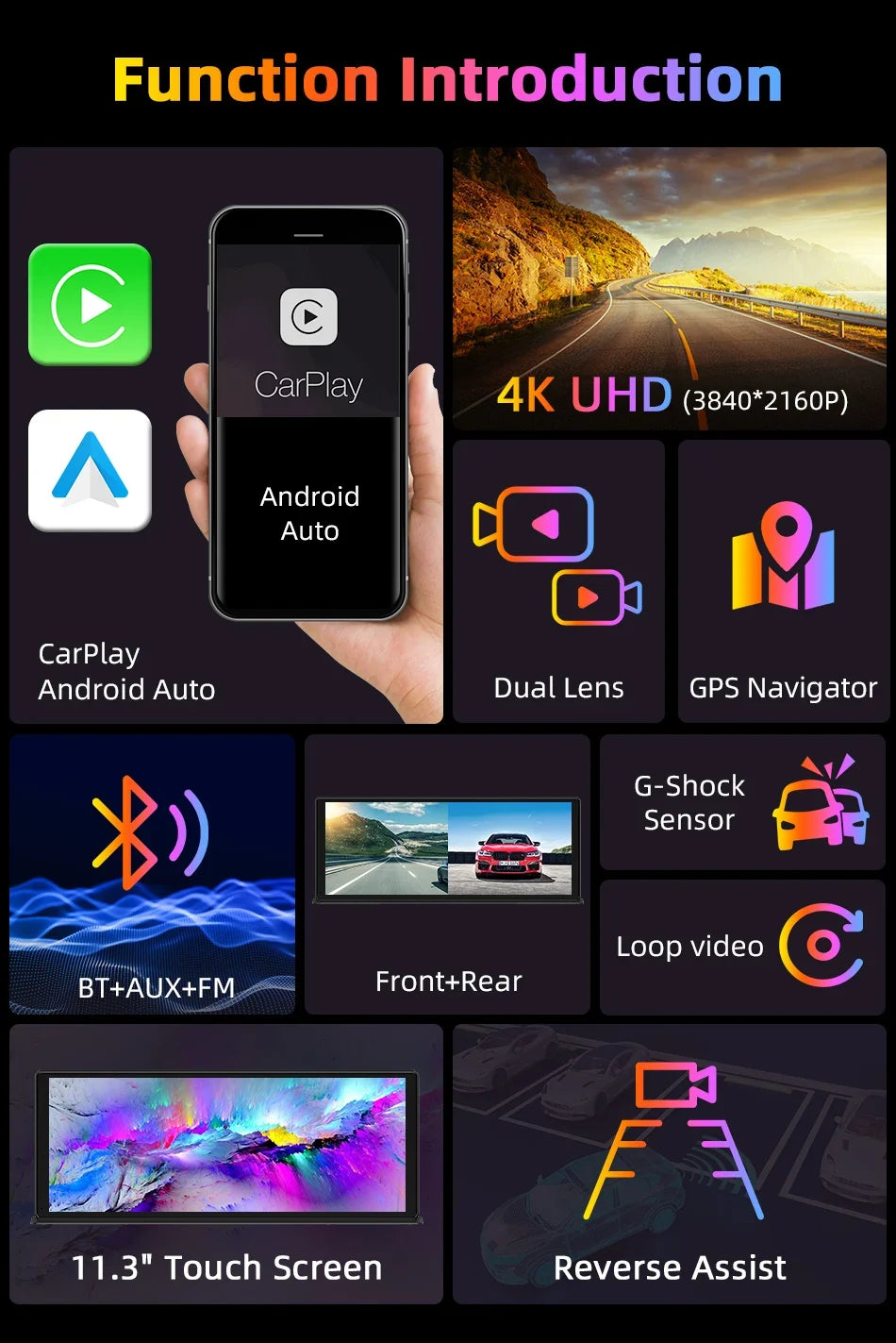 11.3 Inch Portable CarPlay Screen – HD Wireless Touch Display for Apple CarPlay and Android Auto