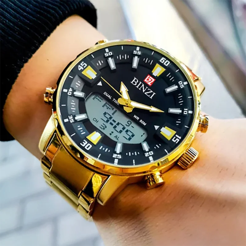 Men's Gold Quartz Dress Watch, Stainless Steel, Chronograph Luminous