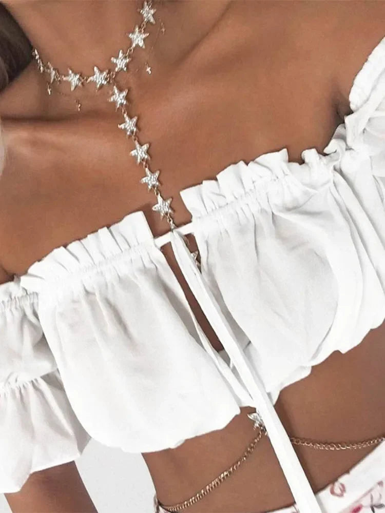 Women's Ruched Crop Top, Strapless Lantern Sleeve Summer Beach Top