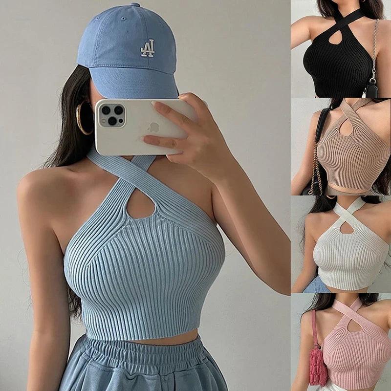 Women's Halter Crop Top, Knitted Off Shoulder Strappy Tank Top