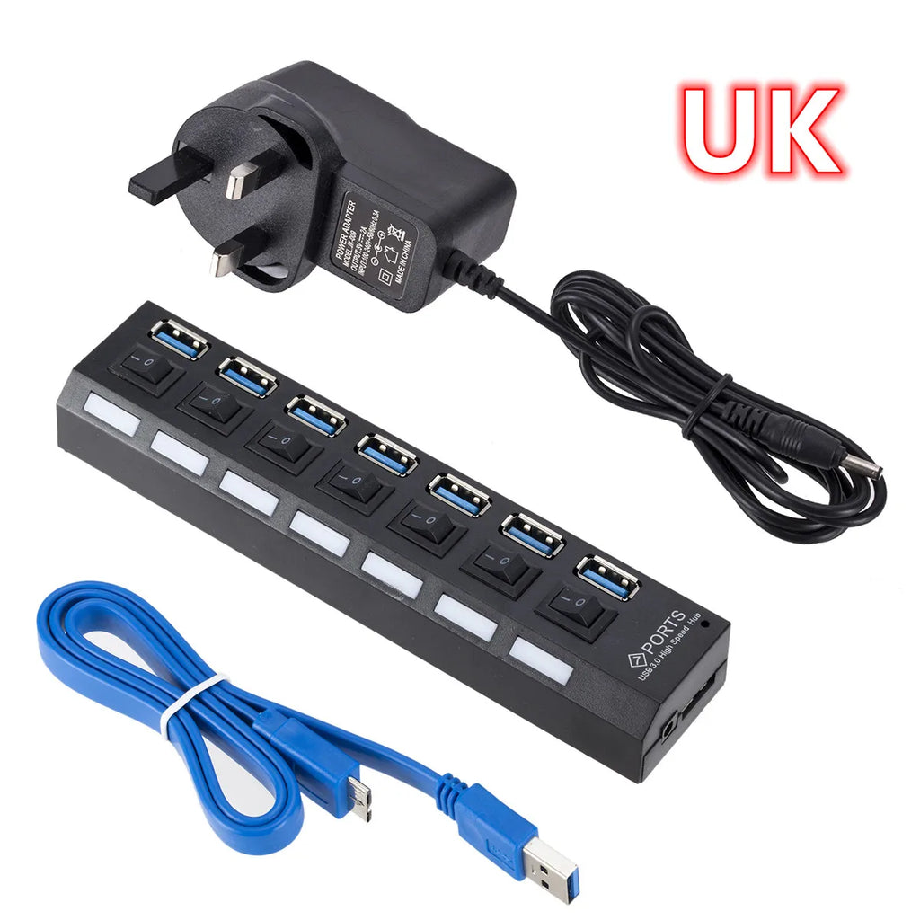 7-Port USB 3.0 Hub – Multi USB Splitter with Power Adapter