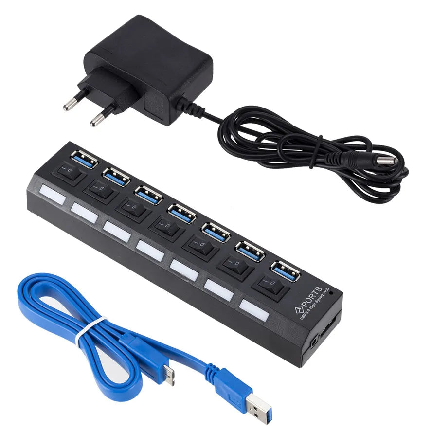 7-Port USB 3.0 Hub – Multi USB Splitter with Power Adapter