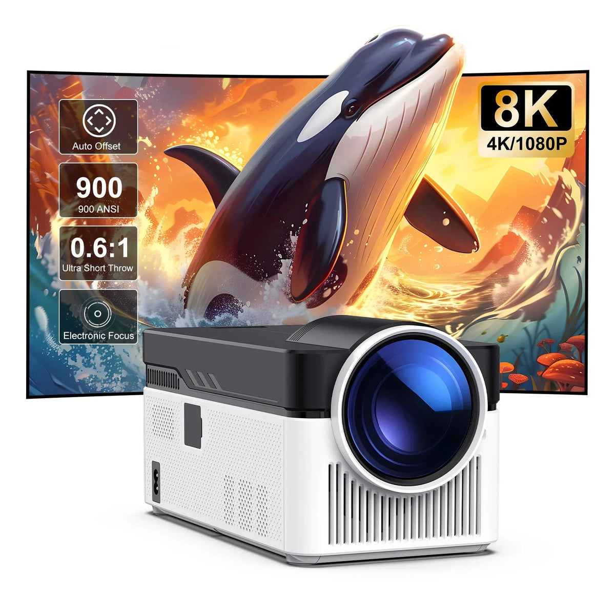 Short Throw 1080P Portable Projector, Android WiFi Bluetooth, 900 ANSI Lumens