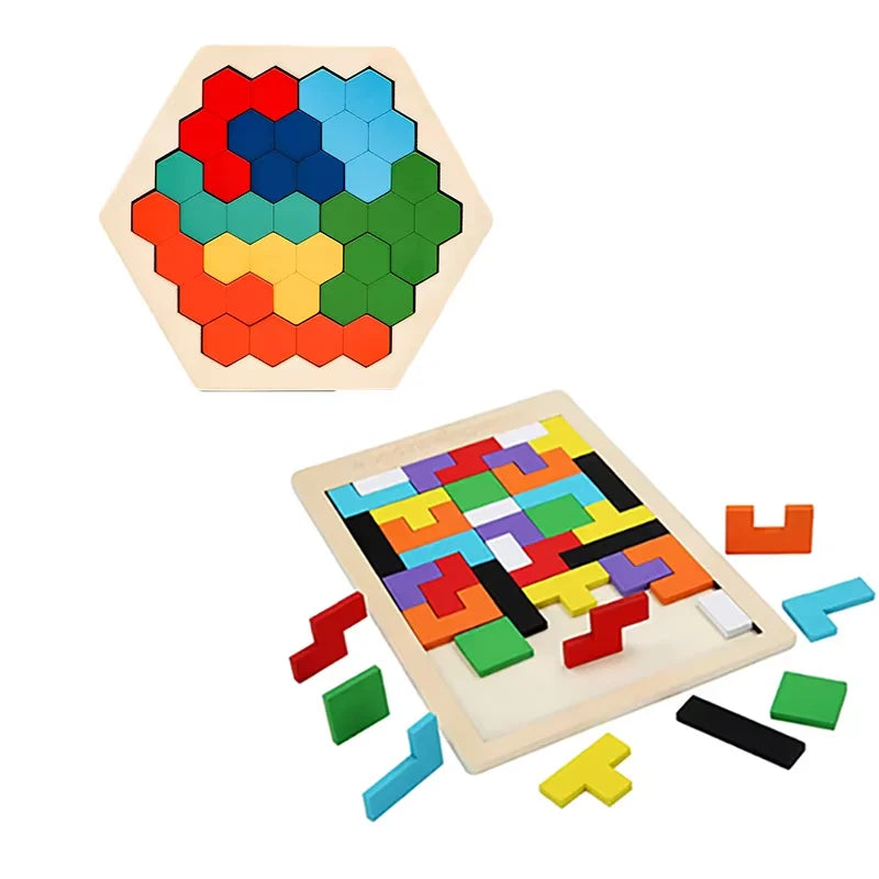 Wooden Blocks Puzzle Toy – Montessori 3D Tangram Brain Teasers