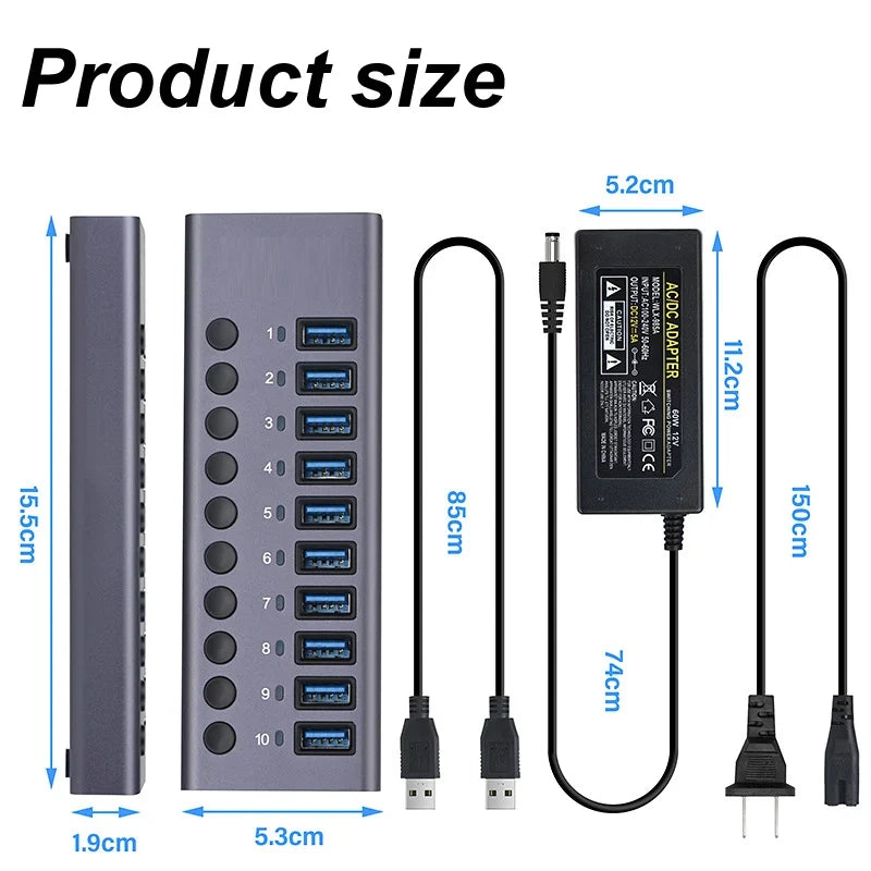 10-Port USB 3.0 Hub, 5Gbps Data Transfer Docking Station with 60W Power