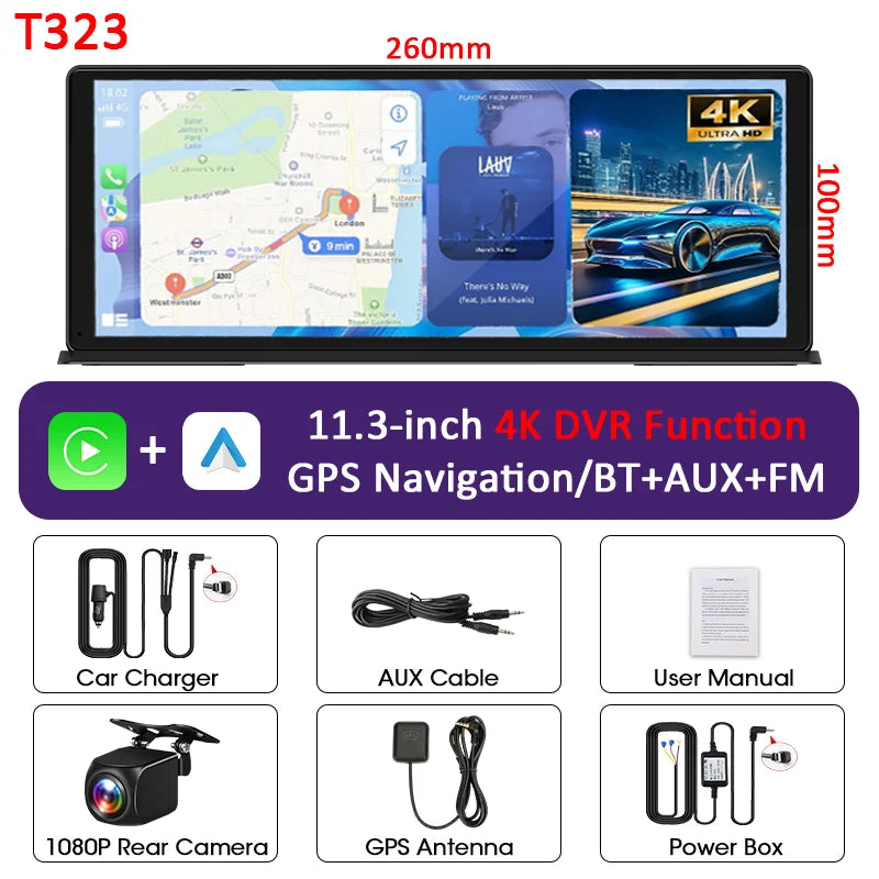 11.3 Inch Portable CarPlay Screen – HD Wireless Touch Display for Apple CarPlay and Android Auto