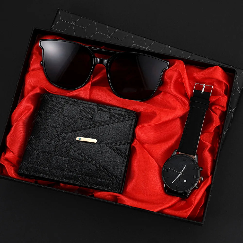 Men's Quartz Watch Gift Set – Casual Watch with Sunglasses & Wallet