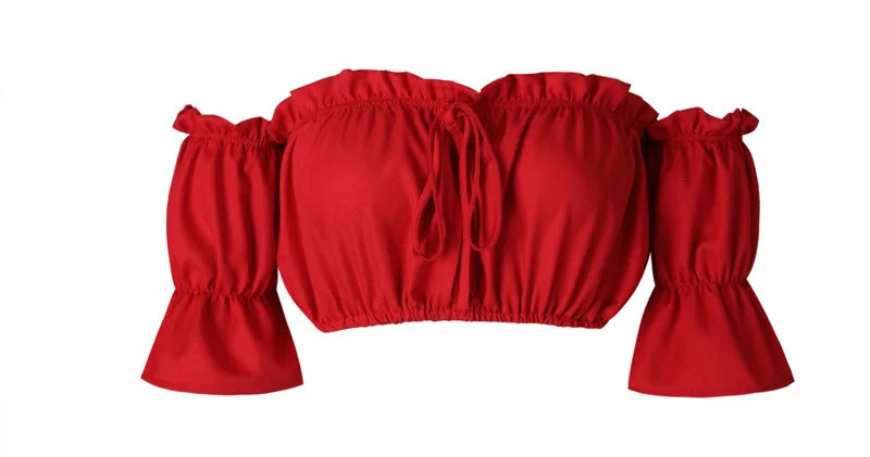 Women's Ruched Crop Top, Strapless Lantern Sleeve Summer Beach Top