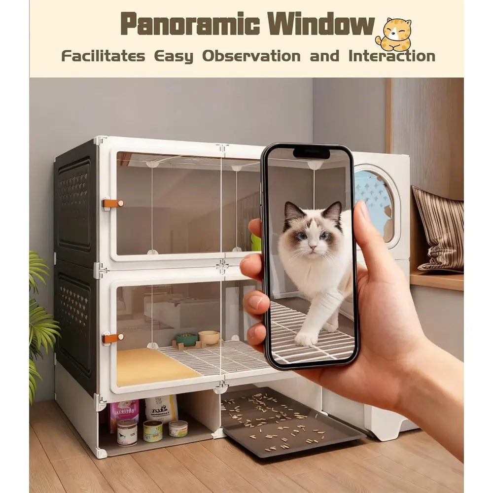 Expandable Metal Cat Enclosure With Litter Box And Clear Door