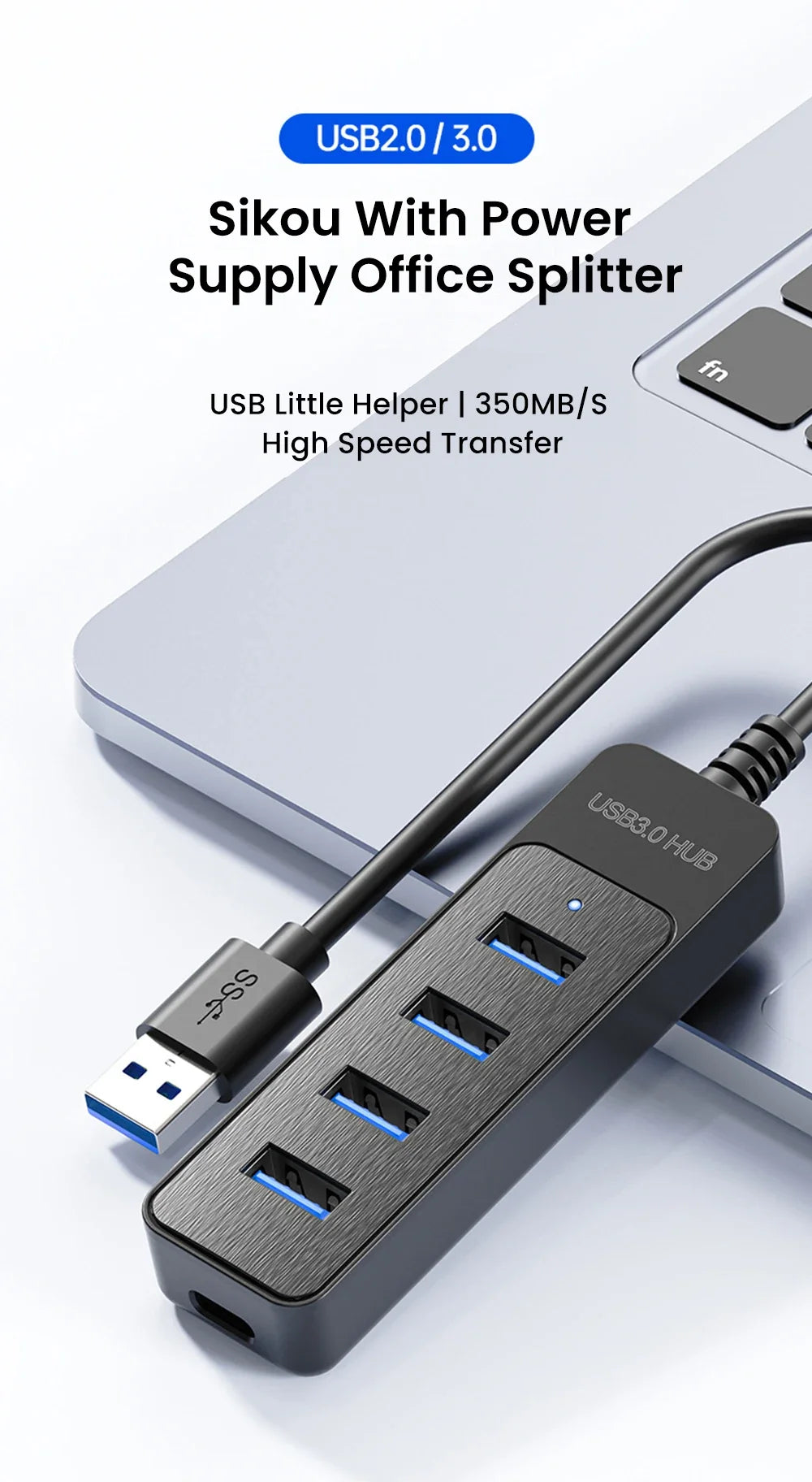 4-Port USB 3.0 Hub with Type-C Splitter & Cable