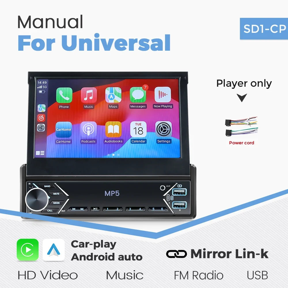 1-DIN 7" Retractable Car Stereo – Touch Screen MP5 Player with CarPlay
