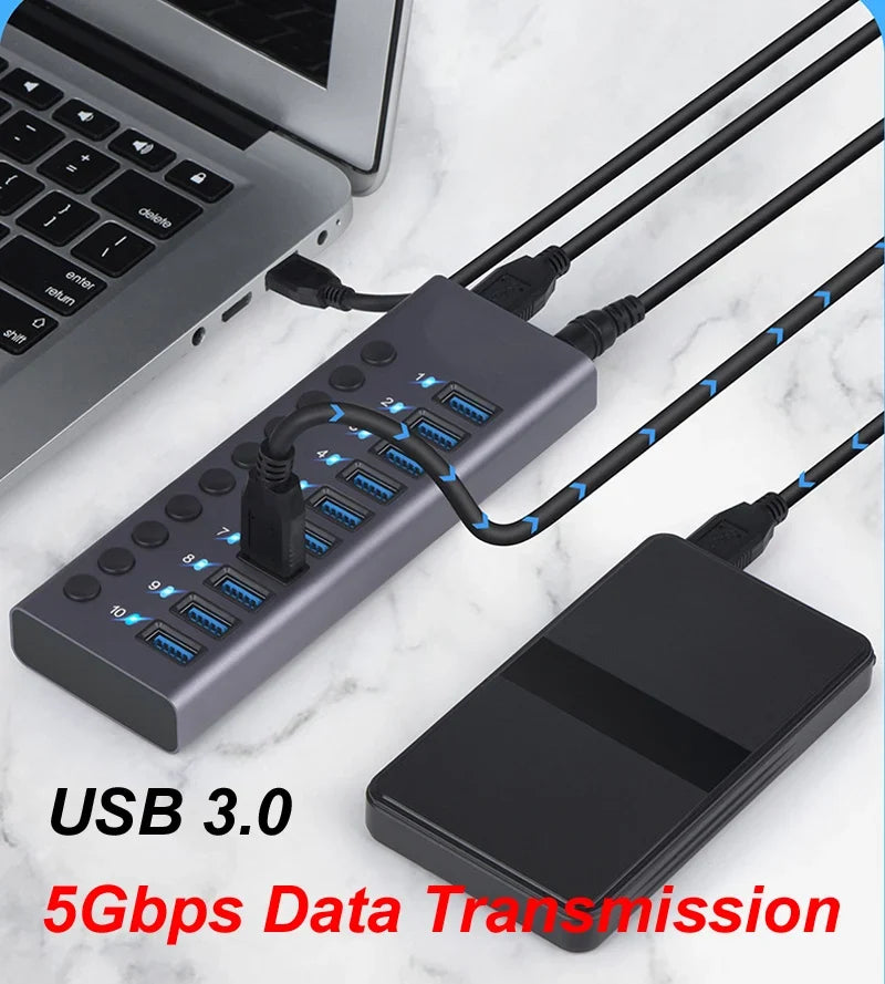 10-Port USB 3.0 Hub, 5Gbps Data Transfer Docking Station with 60W Power