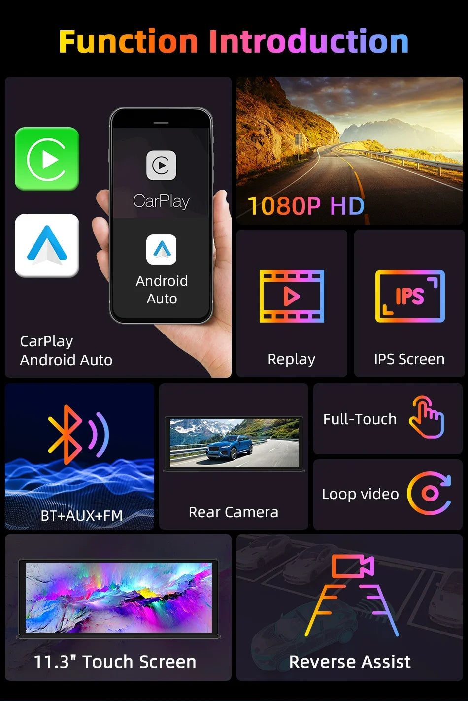 11.3 Inch Portable CarPlay Screen – HD Wireless Touch Display for Apple CarPlay and Android Auto