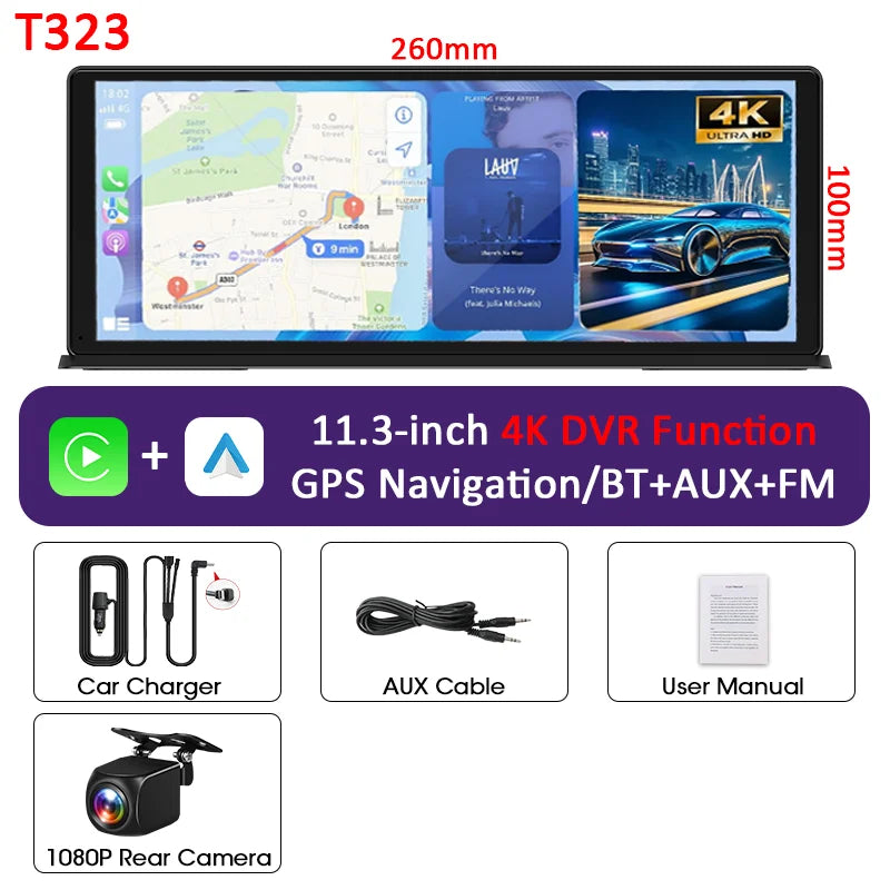 11.3 Inch Portable CarPlay Screen – HD Wireless Touch Display for Apple CarPlay and Android Auto