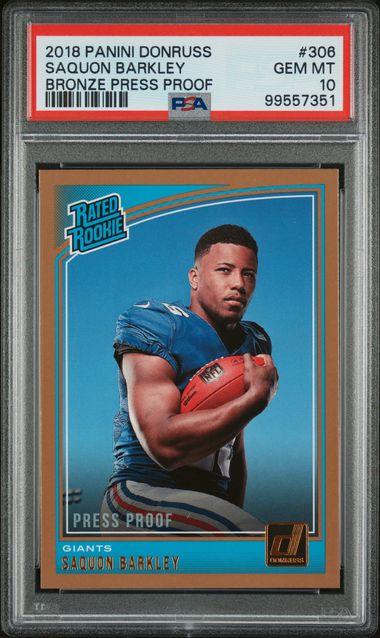 Graded 2018 Panini Donruss Bronze Press Proof Saquon Barkley #306 Rookie RC Football Card PSA 10 Gem Mint