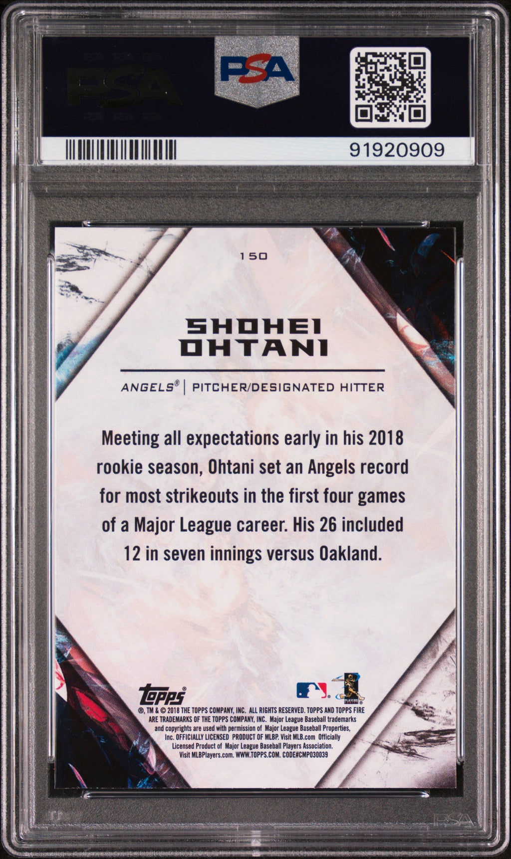 Graded 2018 Topps Fire Shohei Ohtani #150 Rookie RC Baseball Card PSA 10 Gem Mint