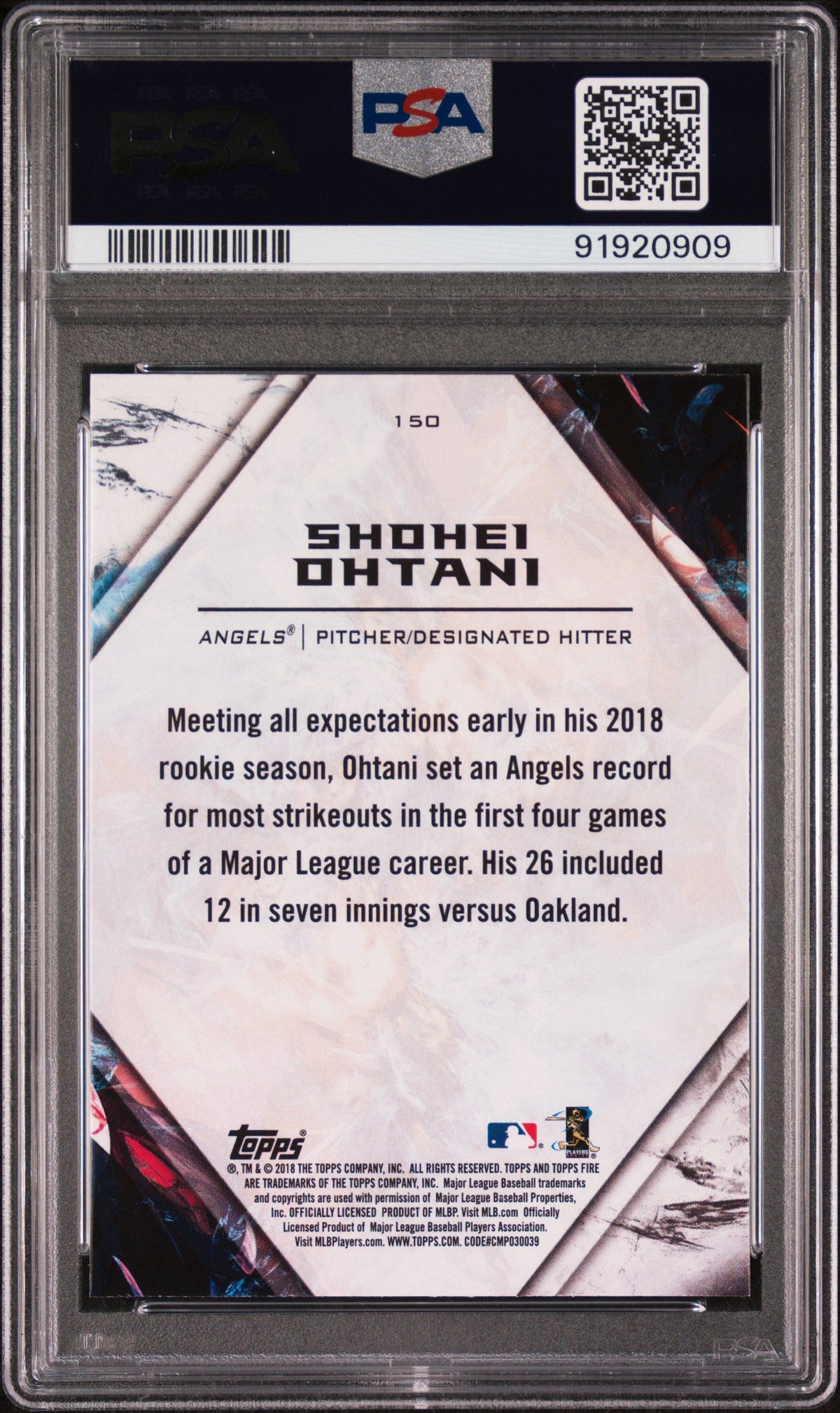 Graded 2018 Topps Fire Shohei Ohtani #150 Rookie RC Baseball Card PSA 10 Gem Mint