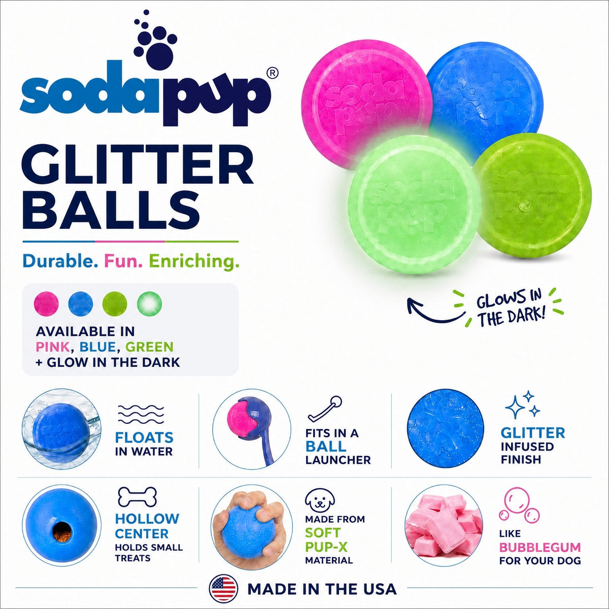 Green Glitter Ball 2-Pack Dog Toy | Soft PUP-X Rubber Floating Fetch Ball with Treat Dispenser | USA Made